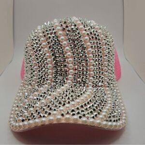 Pink and Silver Diamond and Pearl Embellished Cap